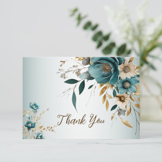 ウェディングパーティターコイズホワイトフラワーゴールデン葉ズ サンキューカード (スタンド正面)