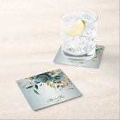 ウェディングパーティターコイズホワイトフラワーゴールデン葉ズ スクエアペーパーコースター (インサイチュ)