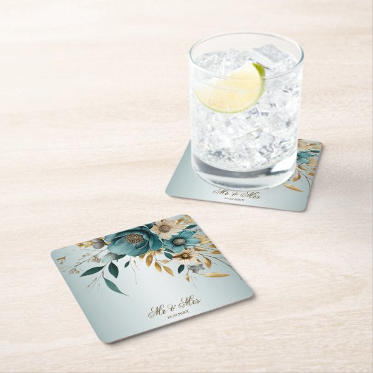 ウェディングパーティターコイズホワイトフラワーゴールデン葉ズ スクエアペーパーコースター (インサイチュ)