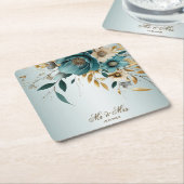 ウェディングパーティターコイズホワイトフラワーゴールデン葉ズ スクエアペーパーコースター (アングル)