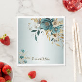 ウェディングパーティターコイズホワイトフラワーゴールデン葉ズ スタンダードランチョンナプキン (インサイチュ)