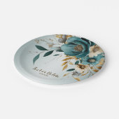 ウェディングパーティターコイズホワイトフラワーゴールデン葉ズ ペーパープレート (アングル)