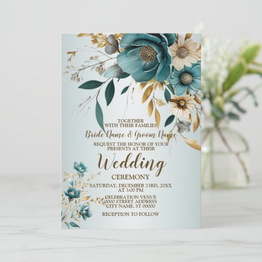 ウェディングパーティターコイズホワイトフラワーゴールデン葉ズ 招待状 (スタンド正面)