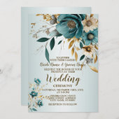 ウェディングパーティターコイズホワイトフラワーゴールデン葉ズ 招待状 (正面/裏面)