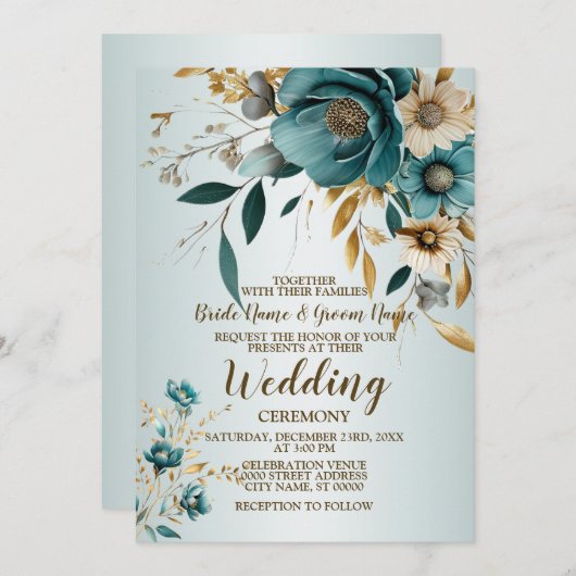 ウェディングパーティターコイズホワイトフラワーゴールデン葉ズ 招待状 (正面/裏面)