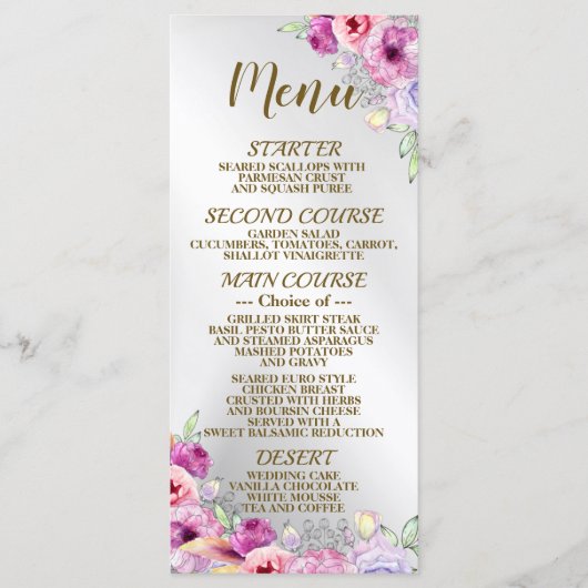 ウェディングパーティッカラフルクピンクフローラゴールデンフレーム メニュー (正面)