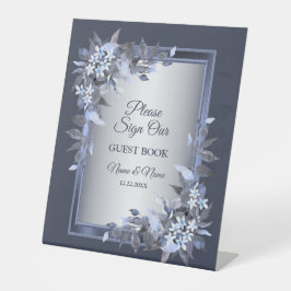 ウェディングパーティネイビーブルーフローラシルバーグレイエレガント 台座サイン