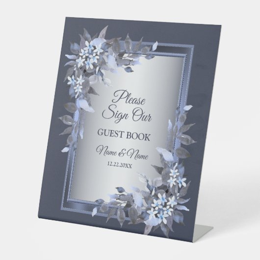 ウェディングパーティネイビーブルーフローラシルバーグレイエレガント 台座サイン (正面)