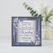 ウェディングパーティネイビーブルーフローラフレームシルバーモダン 招待状 (スタンド正面)