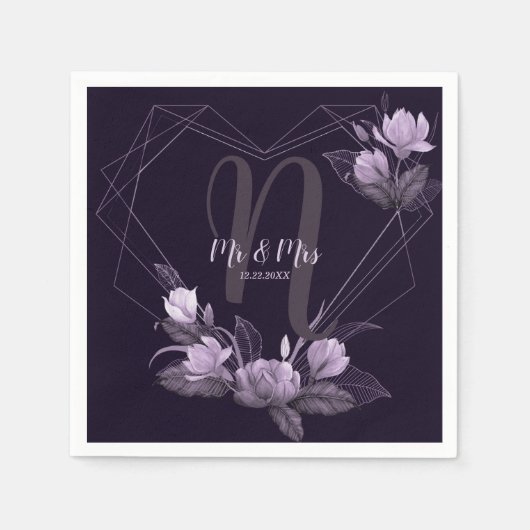 ウェディングパーティパープルフローラバイオレットジオメトリックフレーム スタンダードカクテルナプキン (正面)