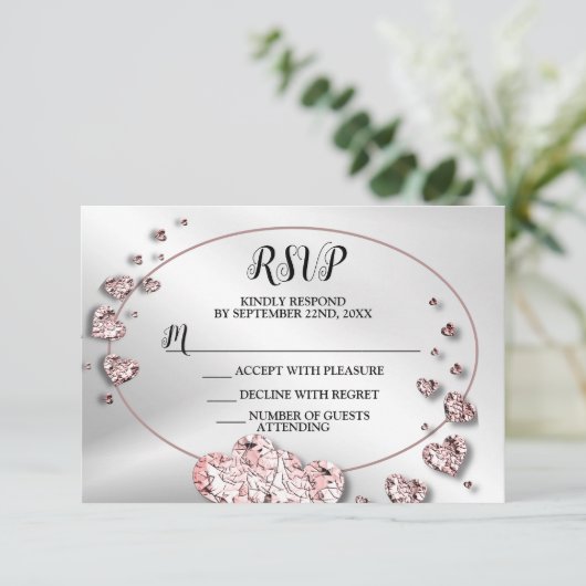 ウェディングパーティピンクピーチイニシャイハート幾何学的 出欠カード (スタンド正面)