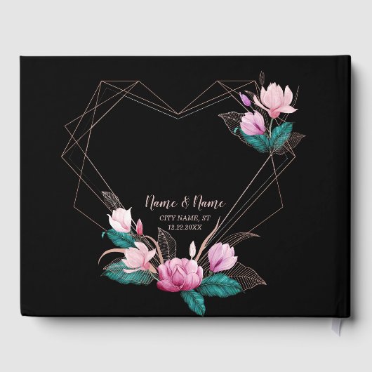 ウェディングパーティピンクフローラ幾何学的フレームブラック ゲストブック (裏面)