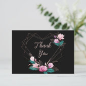 ウェディングパーティピンクフローラ幾何学的フレームブラック サンキューカード (スタンド正面)