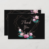 ウェディングパーティピンクフローラ幾何学的フレームブラック サンキューカード (正面/裏面)