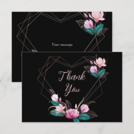 ウェディングパーティピンクフローラ幾何学的フレームブラック サンキューカード
