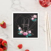 ウェディングパーティピンクフローラ幾何学的フレームブラック スタンダードカクテルナプキン (インサイチュ)