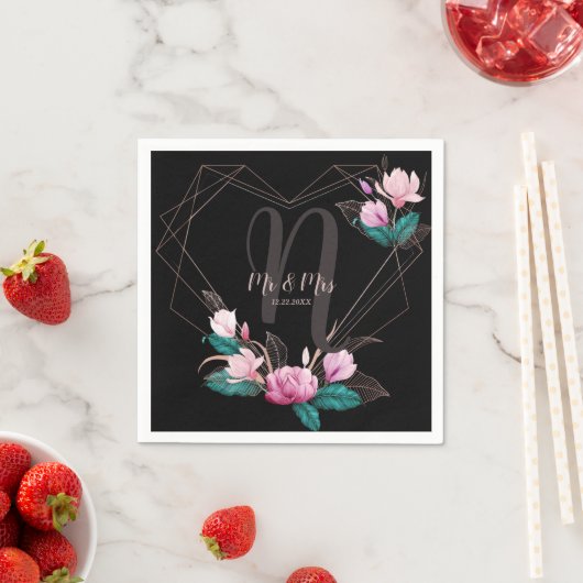 ウェディングパーティピンクフローラ幾何学的フレームブラック スタンダードカクテルナプキン (インサイチュ)