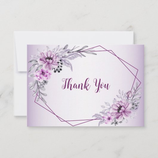 ウェディングパーティピンクフローラ紫の枠 サンキューカード (正面)