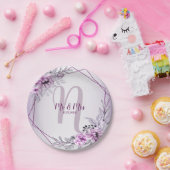 ウェディングパーティピンクフローラ紫の枠 ペーパープレート (パーティー)