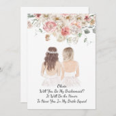 ウェディングパーティーに来てくれる? フラワー ピンクの花嫁の介添え人依頼 招待状 (正面/裏面)