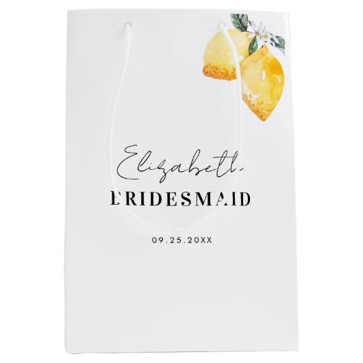 ウェディングパーティーのギフトバッグ　水彩のレモン＆名前 ミディアムペーパーバッグ (正面)