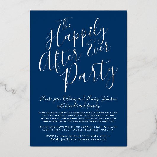 ウェディングパーティーの後ずっと白いシルバーブルー 箔招待状 (正面)