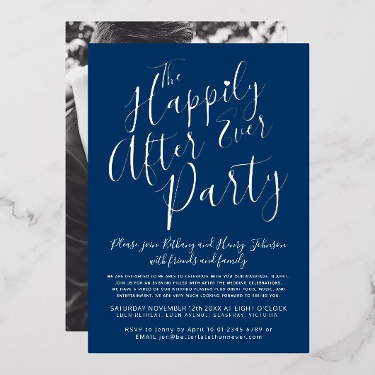 ウェディングパーティーの後ずっと白いシルバーブルー 箔招待状 (正面/裏面)