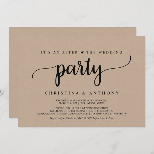 ウェディングパーティーの後、ラスティッククラフトの秘密結婚式 招待状 (正面/裏面)