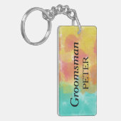 ウェディングパーティーの特別な贈り物。  Groomsmanの名前を表側に黒の太文字でパーソナライズ キーホルダー (正面左)