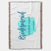 ウェディングパーティーの青緑の水彩画　名前と日付を追加 スローブランケット (正面縦)