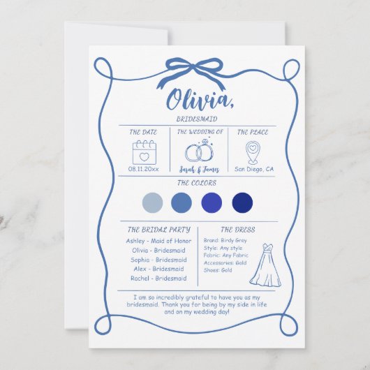 ウェディングパーティーへのお願いカードのテンプレート、手描きのウィル 招待状 (裏面)