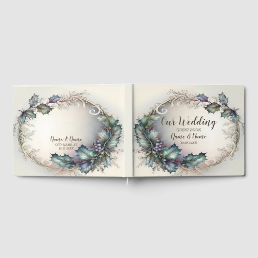 ウェディングパーティーグリーンパープル葉ズゴールデンエレガント ゲストブック (全面)