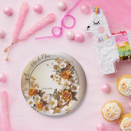 ウェディングパーティーゴールデンオレンジ白素朴花 ペーパープレート (パーティー)