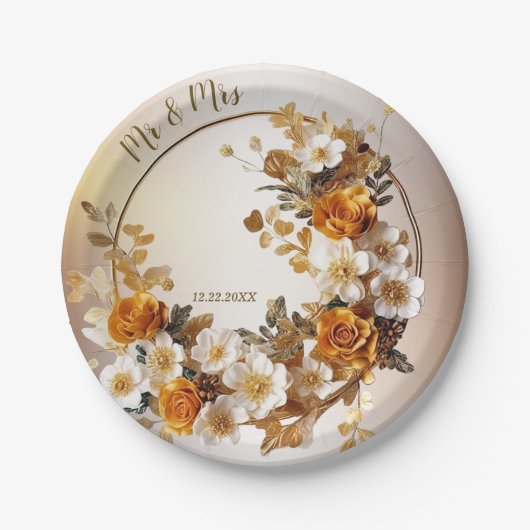 ウェディングパーティーゴールデンオレンジ白素朴花 ペーパープレート (正面)
