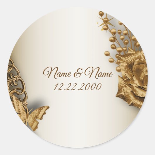 ウェディングパーティーゴールデンフローラバタフライヴィンテージ ラウンドシール (正面)