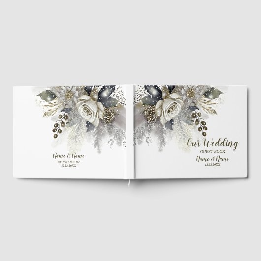 ウェディングパーティーシルバーゴールデンホワイトローズフラワー ゲストブック (全面)