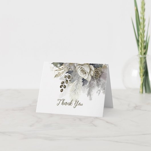 ウェディングパーティーシルバーゴールデンホワイトローズフラワー サンキューカード (正面)