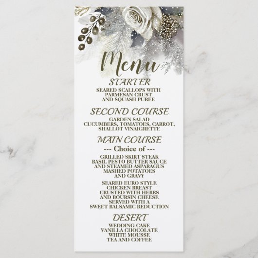 ウェディングパーティーシルバーゴールデンホワイトローズフラワー メニュー (正面)