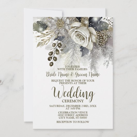 ウェディングパーティーシルバーゴールデンホワイトローズフラワー 招待状 (正面)