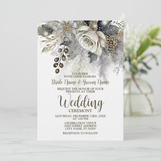 ウェディングパーティーシルバーゴールデンホワイトローズフラワー 招待状 (スタンド正面)