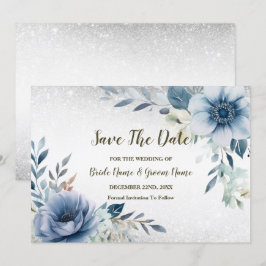 ウェディングパーティーダスティブルーウォーターカラーフラワーシルバー セーブザデート