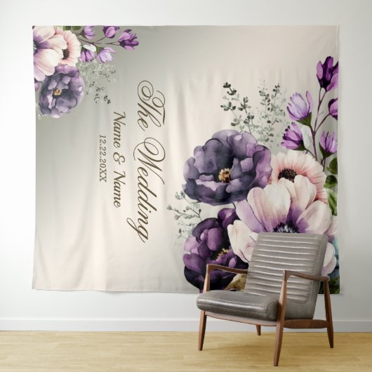 ウェディングパーティーパープルピンクの花が金色にエレガントなる タペストリー (インサイチュ(横))