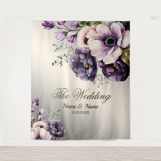 ウェディングパーティーパープルピンクの花が金色にエレガントなる タペストリー (正面)