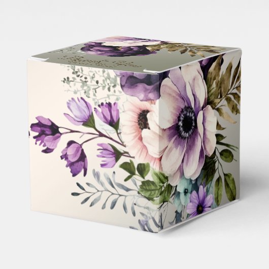 ウェディングパーティーパープルピンクの花が金色にエレガントなる フェイバーボックス (正面サイド)