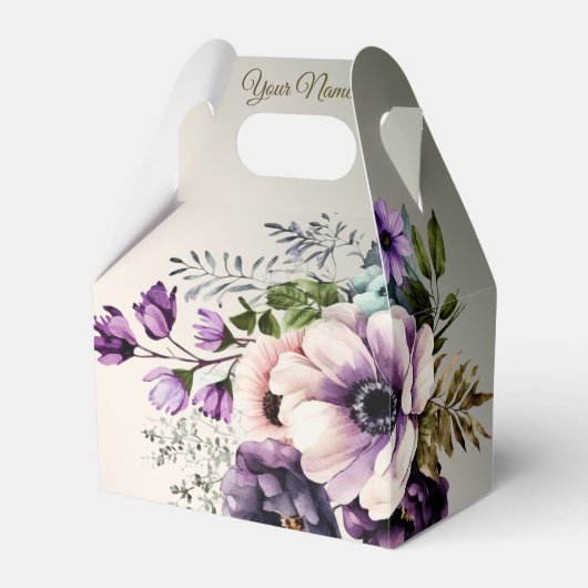 ウェディングパーティーパープルピンクの花が金色にエレガントなる フェイバーボックス (正面サイド)