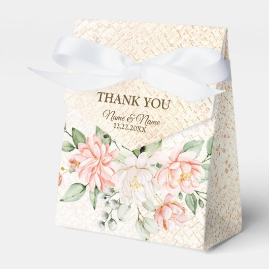 ウェディングパーティーパープルピンクの花が金色にエレガントなる フェイバーボックス (正面サイド)