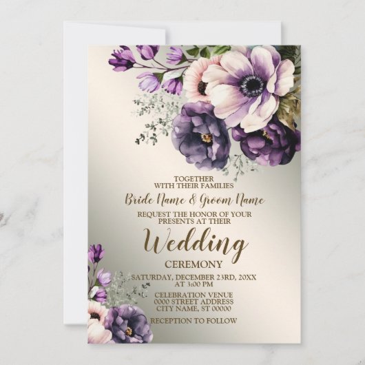 ウェディングパーティーパープルピンクの花が金色にエレガントなる 招待状 (正面)