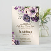 ウェディングパーティーパープルピンクの花が金色にエレガントなる 招待状 (スタンド正面)