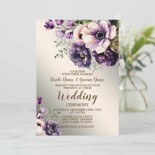 ウェディングパーティーパープルピンクの花が金色にエレガントなる 招待状 (スタンド正面)