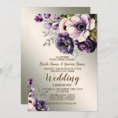 ウェディングパーティーパープルピンクの花が金色にエレガントなる 招待状 (正面/裏面)